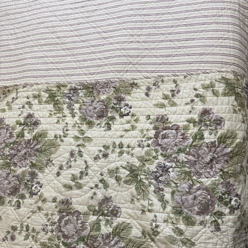 Vtg Cottagecore Quilt Full Queen Floral Shams Rose Reversible Striped Bedspread